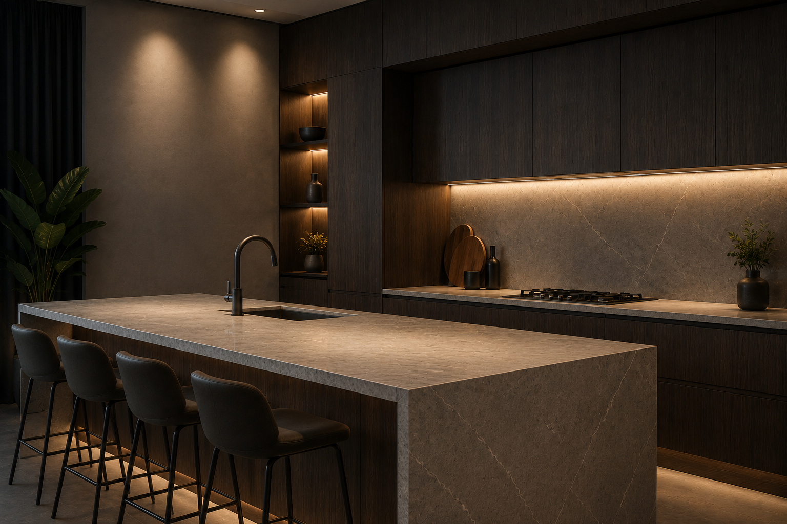 Contemporary kitchen with stone island.