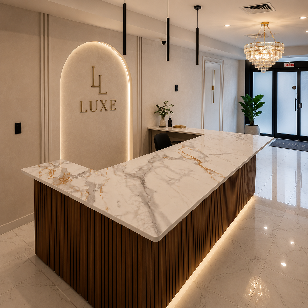 Modern interior with marble countertop.